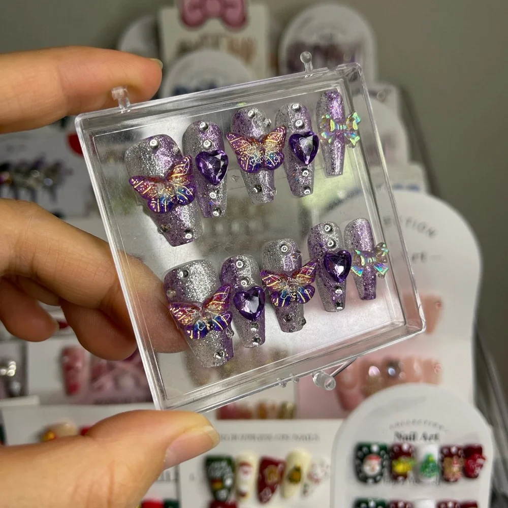 M size Purple Glitter Butterfly Nail Set